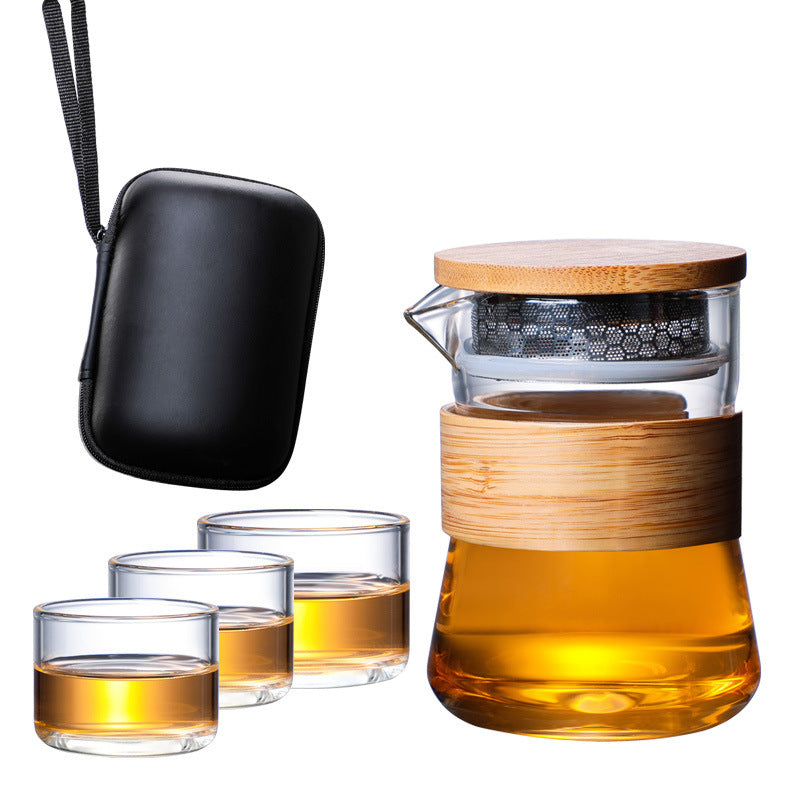 Glass Travel Tea Set Suit Portable One Pot Fills Three Cups
